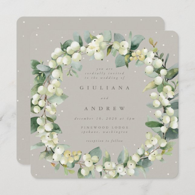 Invitación Greige cuadrado Snowberry + Eucalyptus Wreath Boda (Anverso / Reverso)