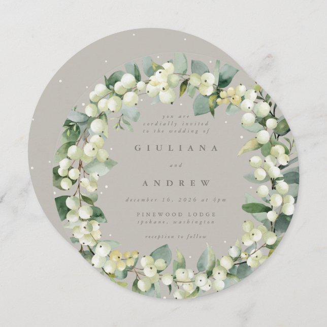 Invitación Greige redondo Snowberry + Eucalyptus Wreath Boda (Anverso / Reverso)