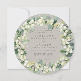 Invitación Greige redondo Snowberry + Eucalyptus Wreath Boda