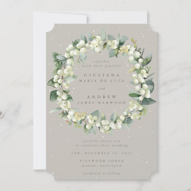 Invitación Greige Snowberry+Eucalyptus Wreath Winter Wedding (Anverso)
