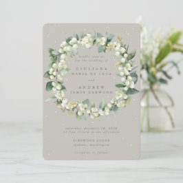 Invitación Greige Snowberry+Eucalyptus Wreath Winter Wedding