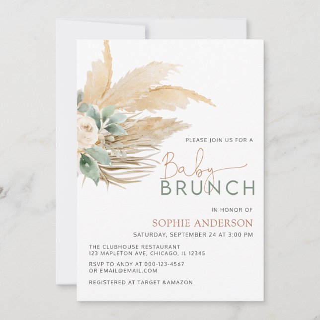 Invitación Grennery Boho Pampas bebé brunch Baby Shower (Anverso)
