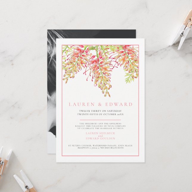 Invitación Grevillea agua botánica boda foto de coral (Anverso/Reverso In Situ)