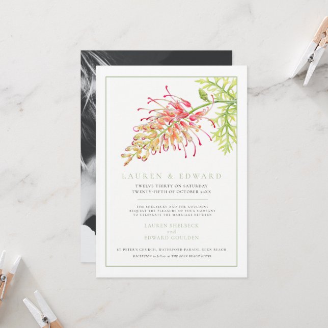 Invitación Grevillea agua botánica boda foto verde (Anverso/Reverso In Situ)