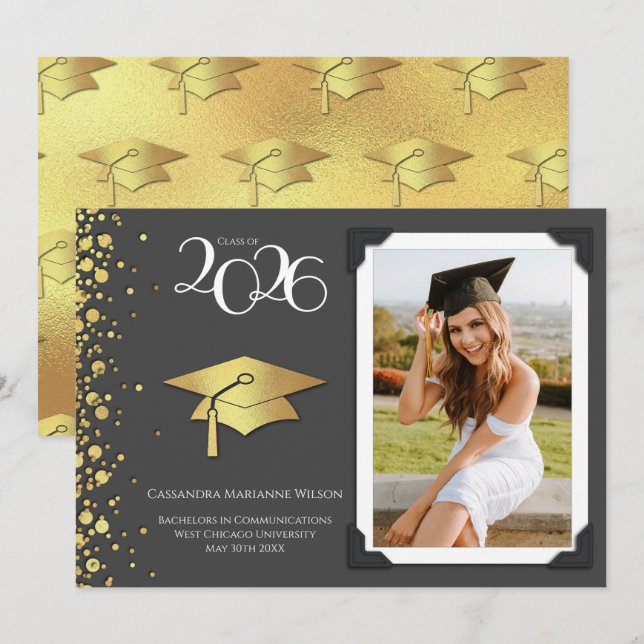 Invitación Grey and Gold Graduation Announcement (Anverso / Reverso)