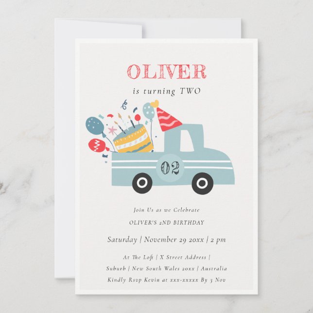 Invitación Grey Blue Any Age Birthday Party Cake Truck (Anverso)