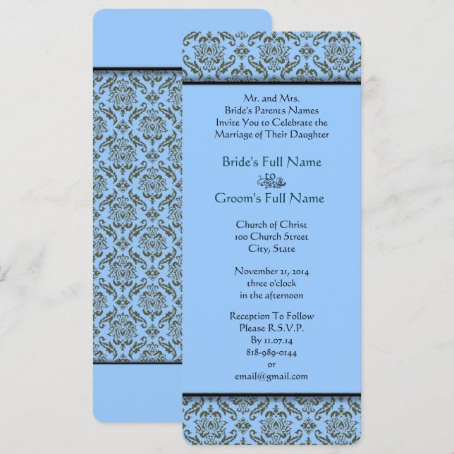 Invitación Grey Blue Damask Wedding Invitation (Anverso / Reverso)