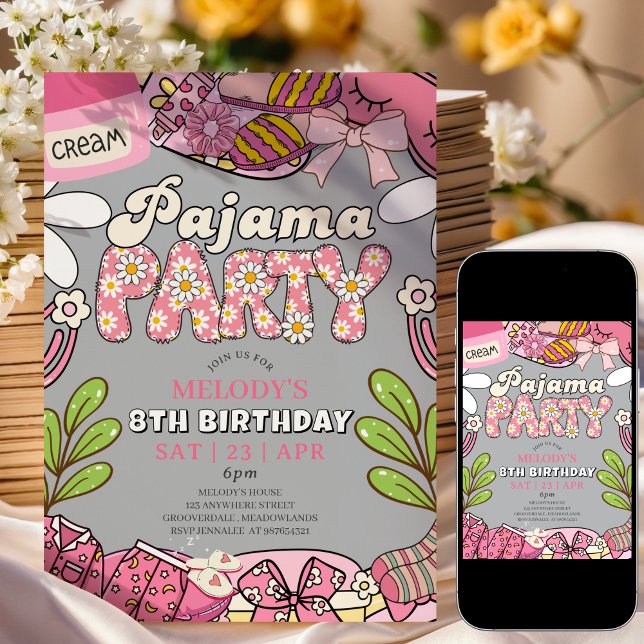 Invitación Grey Daisy Pajama Party Birthday Invitation (Subido por el creador)