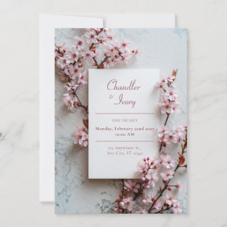 Invitación Grey Marble Pink Sakura Botanical Frame Wedding