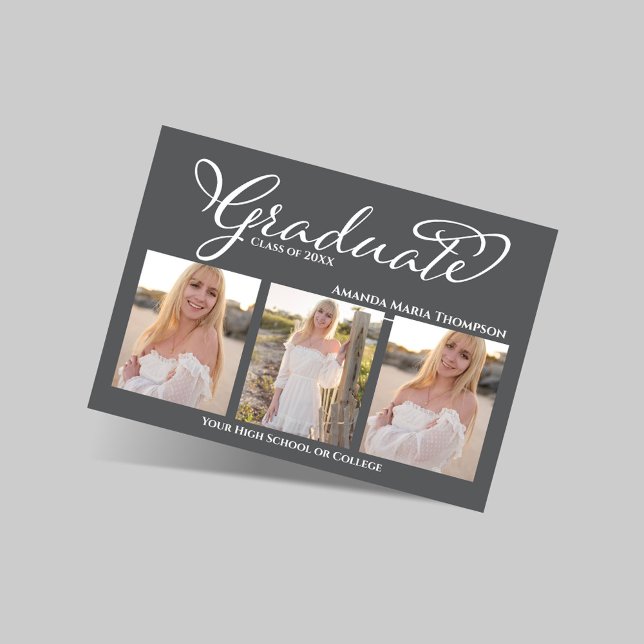Invitación Grey Script 3 Photo Graduation Announcement (Elegant grey three photo graduation announcement with script graduate text and senior portraits.)