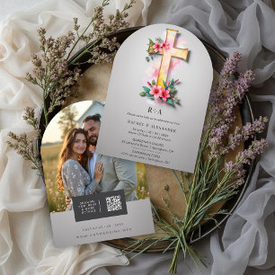 Invitación Grey Watercolor Pastel Floral Cross-Shape Wedding