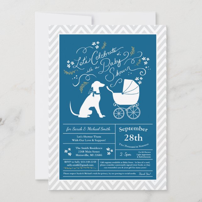 Invitación Greyhound Dog Baby Shower Boy Blue (Anverso)