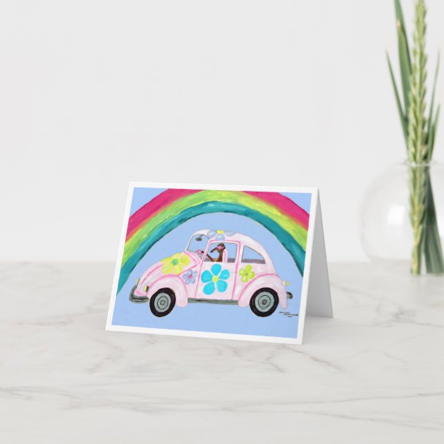 Invitación Greyhound en coche hippie con arcoíris (Anverso)