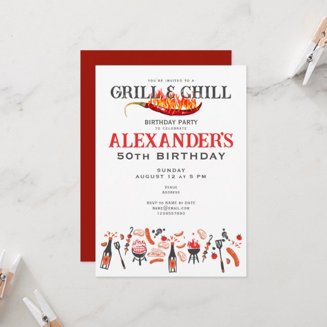 Invitación Grill & Chill Barbeque Cookout BBQ Cumpleaños Part (Anverso/Reverso In Situ)