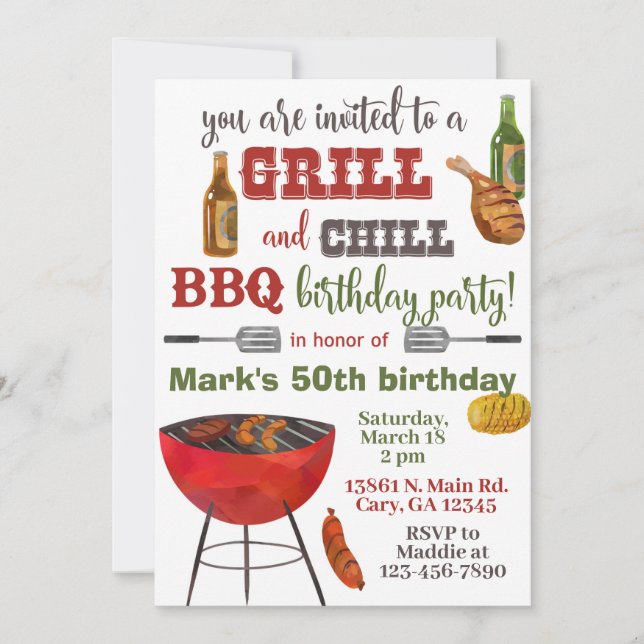 Invitación Grill & Chill BBQ birthday invitation. (Anverso)