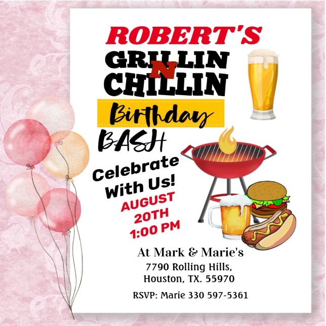 Invitación Grillin’ & Chillin’ Cerveza de Cumpleaños BBQ, Ham (Subido por el creador)
