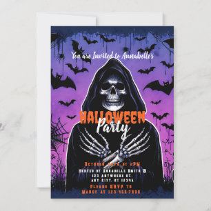 Invitación Grim Reaper Bats Sky Halloween Party