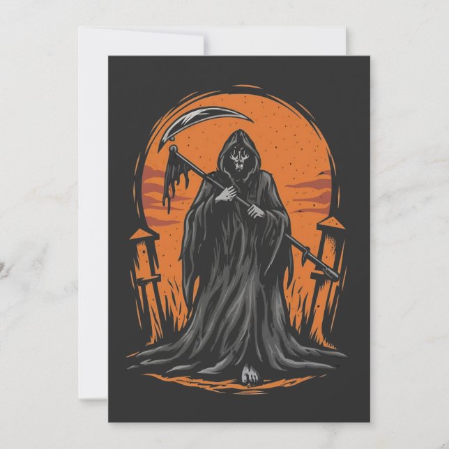 Invitación Grim Reaper Cartoon in Sunset Graveyard (Anverso)
