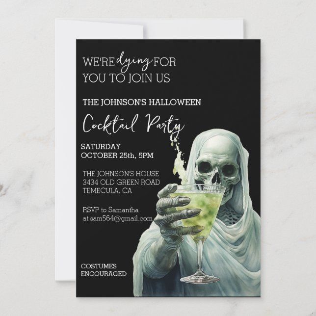 Invitación Grim Reaper Cocktail Halloween Party Watercolor (Anverso)