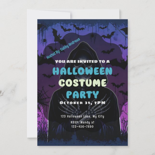 Invitación Grim Reaper murmurando morado azul Halloween (Anverso)
