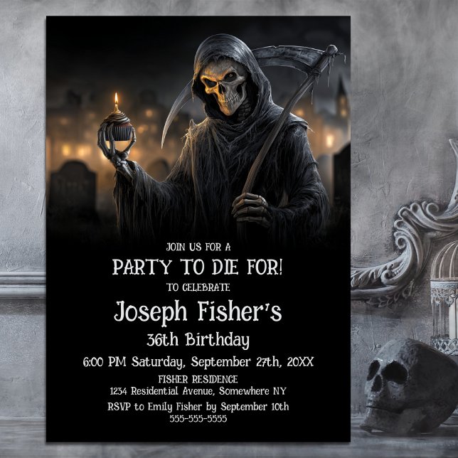 Invitación Grim Reaper with Cupcake Birthday Party Invitation (Subido por el creador)