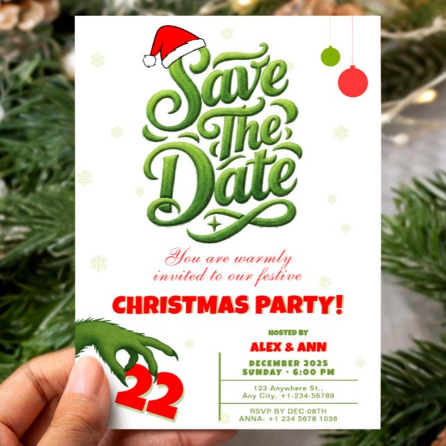 Invitación Grinch Style Christmas Party Save the Date (Grinch Style Christmas Party Save the Date Invitation, Funny Xmas invite)
