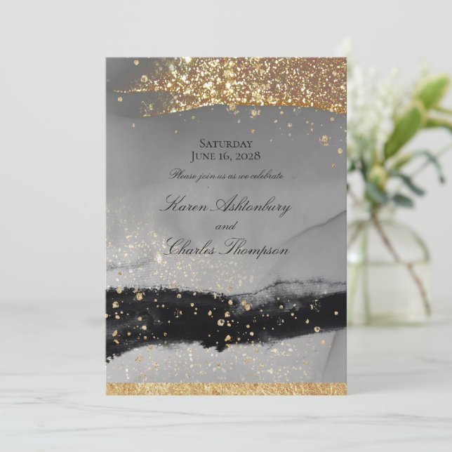 Invitación Gris ahumado y negro Sparkling Gold Moderno Boda (Anverso de pie)