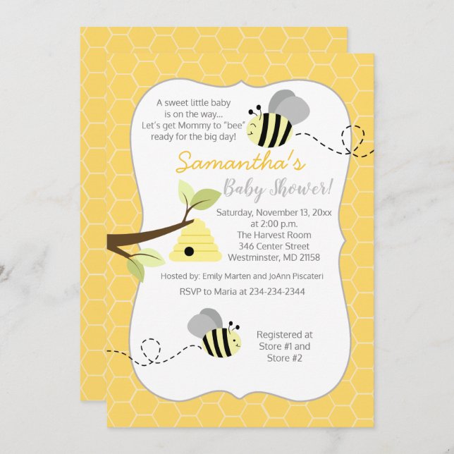 Invitación gris amarilla de abeja bumble neutra de (Anverso / Reverso)