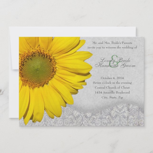 Invitación gris amarilla de la boda del girasol (Anverso)