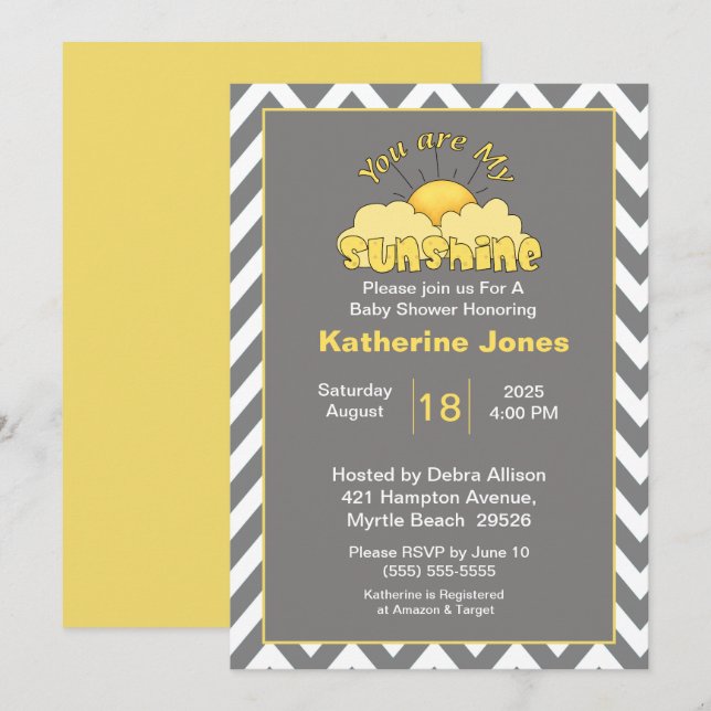 Invitación Gris amarillo Eres mi Baby Shower Sunshine (Anverso / Reverso)