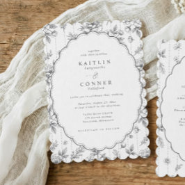 Invitación Gris Antiguo Toile Victoriano Floral Óvalo Boda