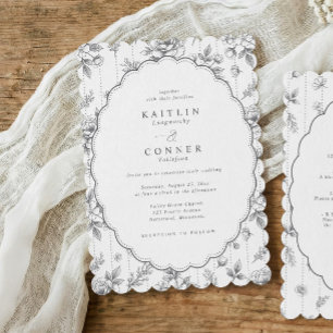 Invitación Gris Antiguo Toile Victoriano Floral Óvalo Boda