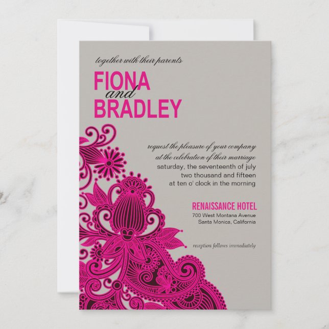 Invitación Gris azteca del fuschia de la boda de Paisley (Anverso)