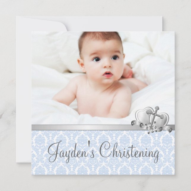 Invitación Gris Blue Damask Boys Foto Christening (Anverso)