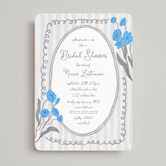 Invitación Gris Blue Whimsical Hand Pintado Bridal Shower (Subido por el creador)