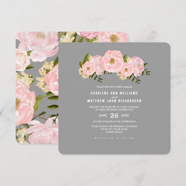 Invitación Gris | Boda de acuarela de Rubor Pink Peonies (Anverso / Reverso)