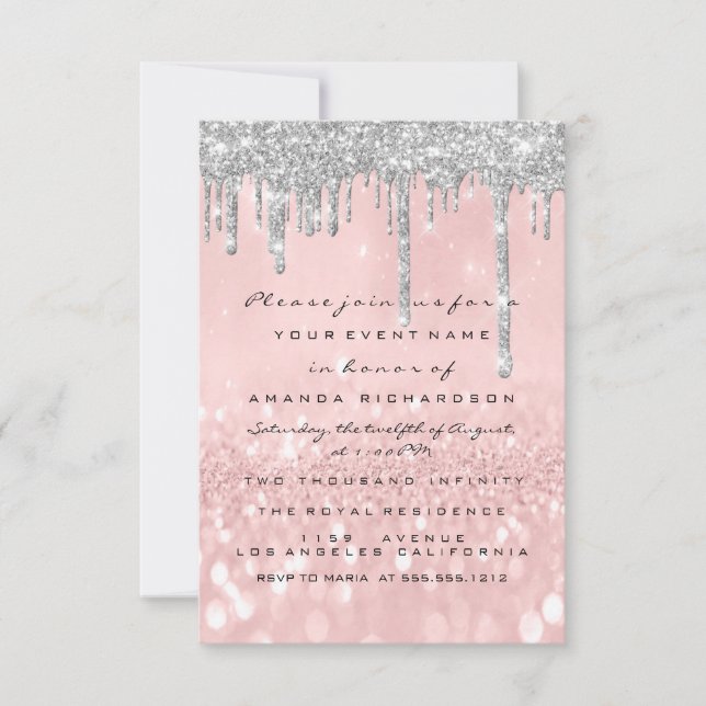 Invitación Gris Brillo Bridal Silver Rose Sweet 16th  (Anverso)