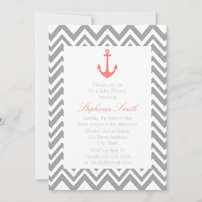 Invitación Gris Chevron y Coral Pink Nautical Baby Shower (Anverso)