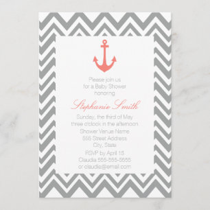Invitación Gris Chevron y Coral Pink Nautical Baby Shower