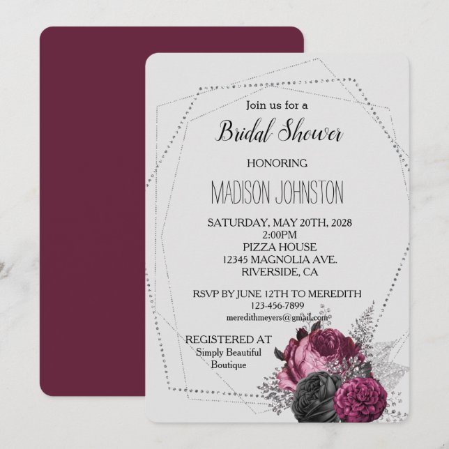 Invitación Gris claro Plata Borgoña Floral Bridal Shower (Anverso / Reverso)