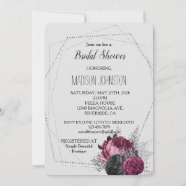 Invitación Gris claro Plata Borgoña Floral Bridal Shower