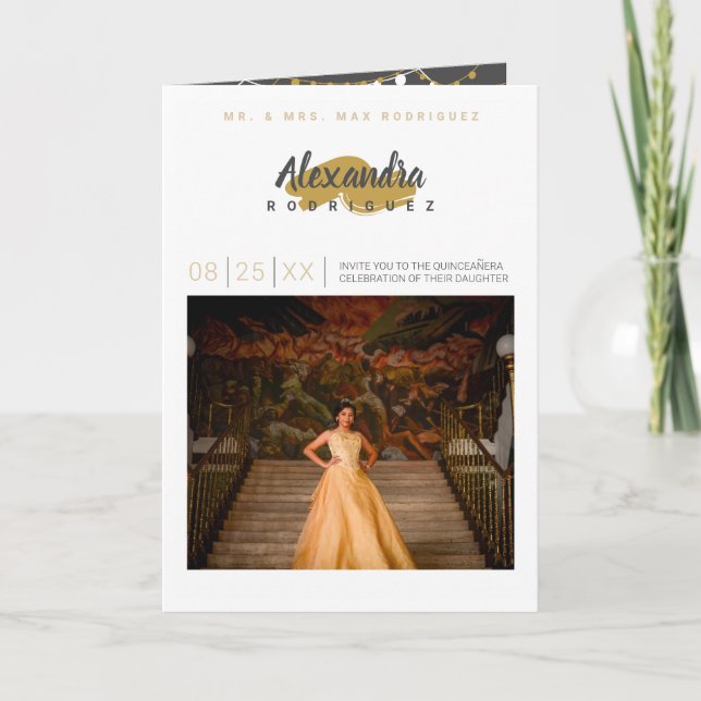 Invitación Gris de acero y foto de oro Quinceanera (Anverso)