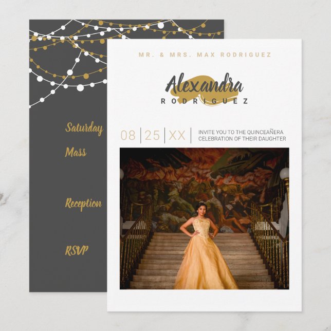 Invitación Gris de acero y foto de oro Quinceanera (Anverso / Reverso)