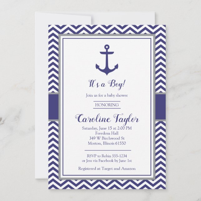 Invitación gris de Baby Shower de la marina de (Anverso)