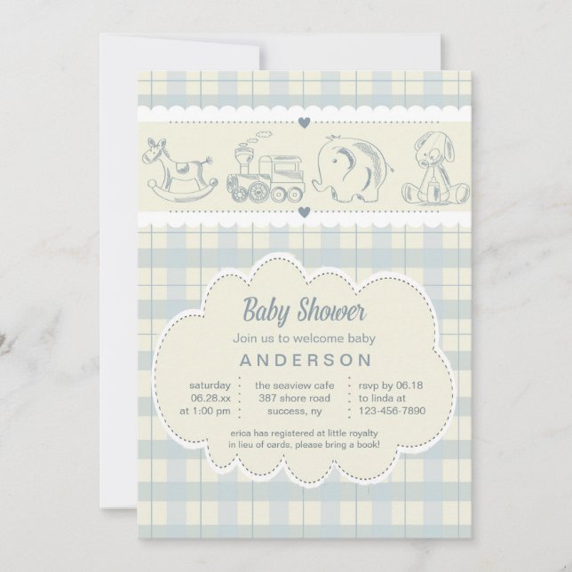 Invitación gris de Baby Shower de la tela escocesa (Anverso)