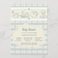 Invitación gris de Baby Shower de la tela escocesa