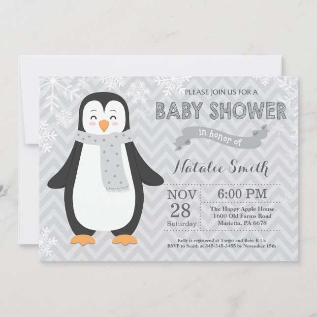 Invitación gris de Baby Shower del pingüino del (Anverso)