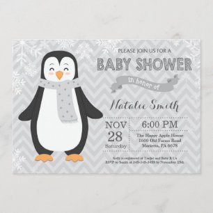 Invitación gris de Baby Shower del pingüino del