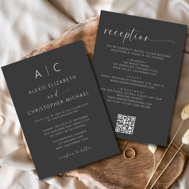 Invitación Gris De Carbón Todo En Un Código QR Boda (Subido por el creador)