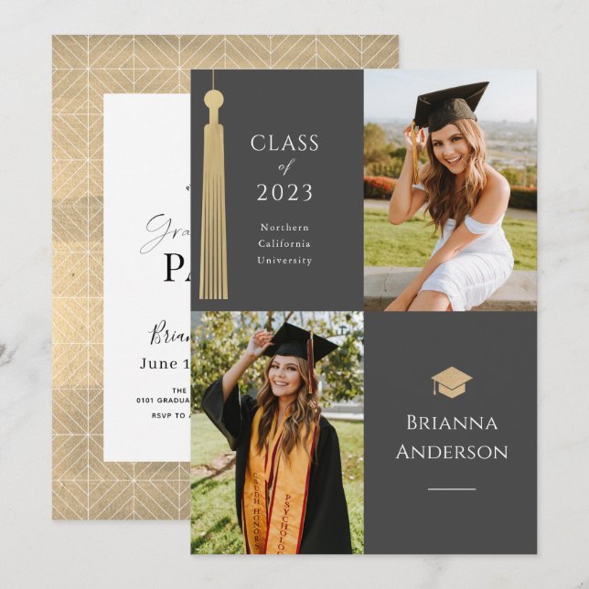 Invitación Gris de graduación de fotos Gold Tassel y Cap 2 (Anverso / Reverso)